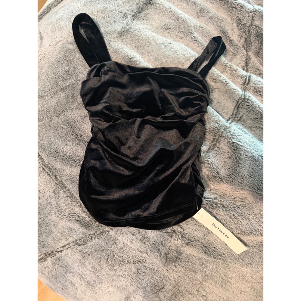 Reformation Trish Knit Top Black Velvet Ruched Square Neck Tank Small NWT